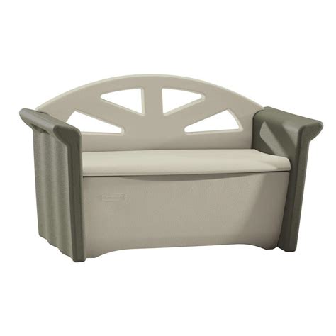 Provides a location to store outdoor items such as patio cushions, gardening tools, pool toys, and more. . Rubbermaid storage bench